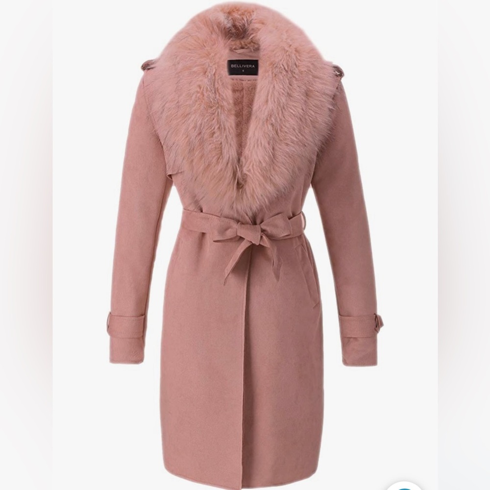 Bellivera Faux Leather Trench Fleece-Lined Mid-length Jacket w Detachable Collar